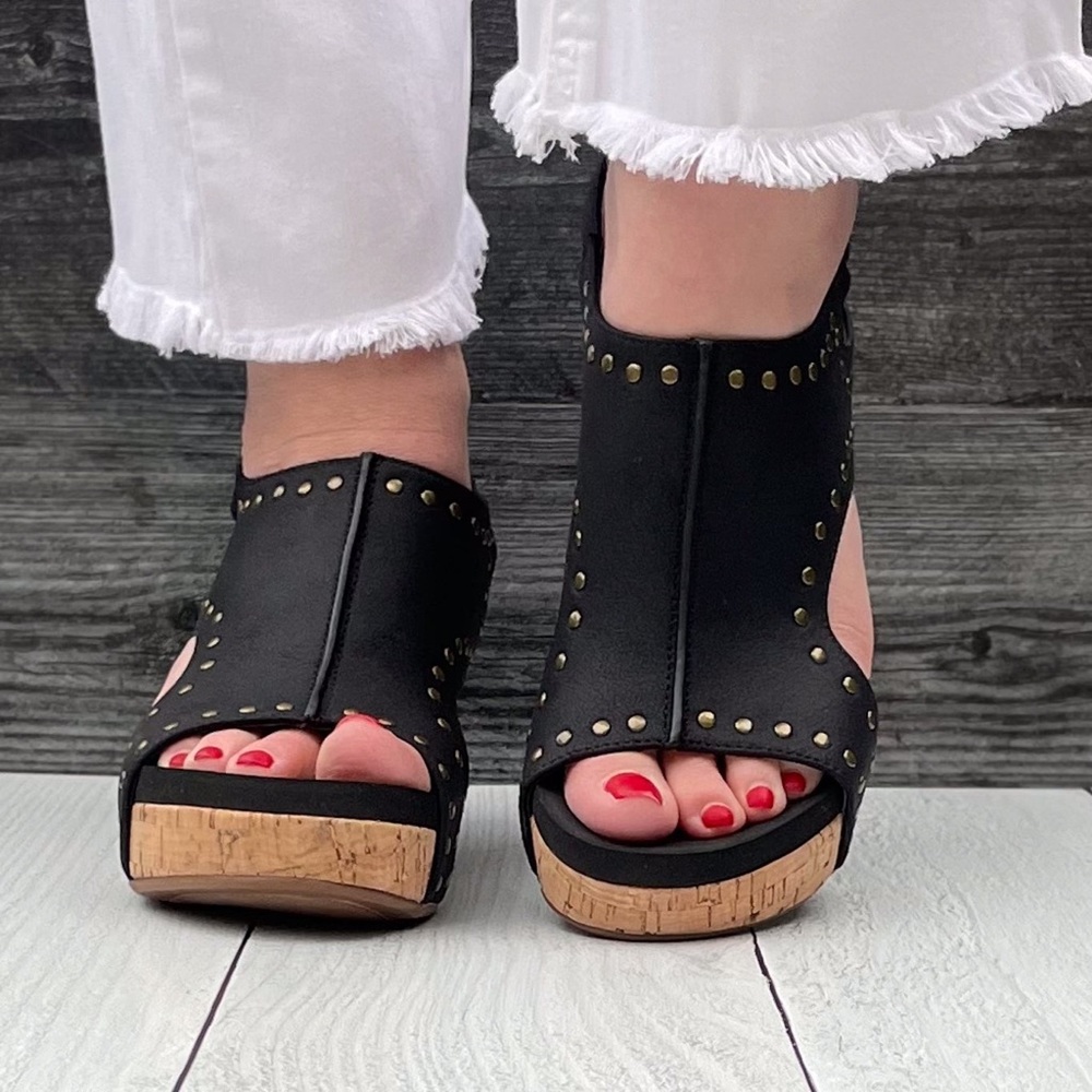 Corkys Footwear Carley Wedge Sandal Black Oil PU with Studs is a closet staple - Picture 4 of 11